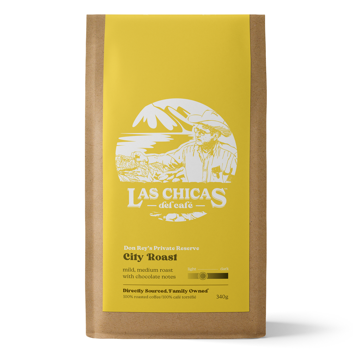 A bag of Don Rey's City Roast, yellow label, coffee beans