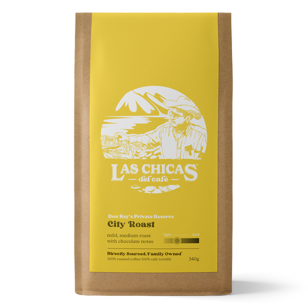 A bag of Don Rey's City Roast, yellow label, coffee beans